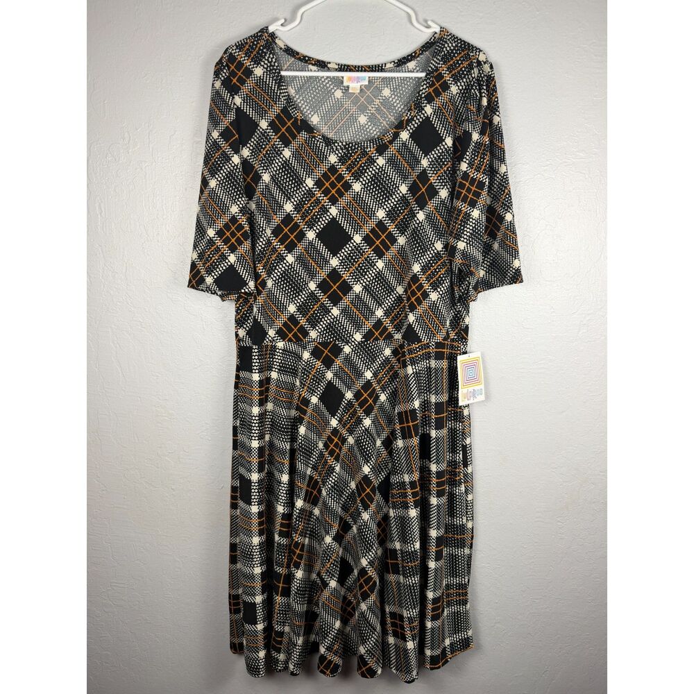 LuLaRoe Nicole Women’s 3XL Black Ivory Orange Plaid Dress Pockets NWT - Picture 2 of 9